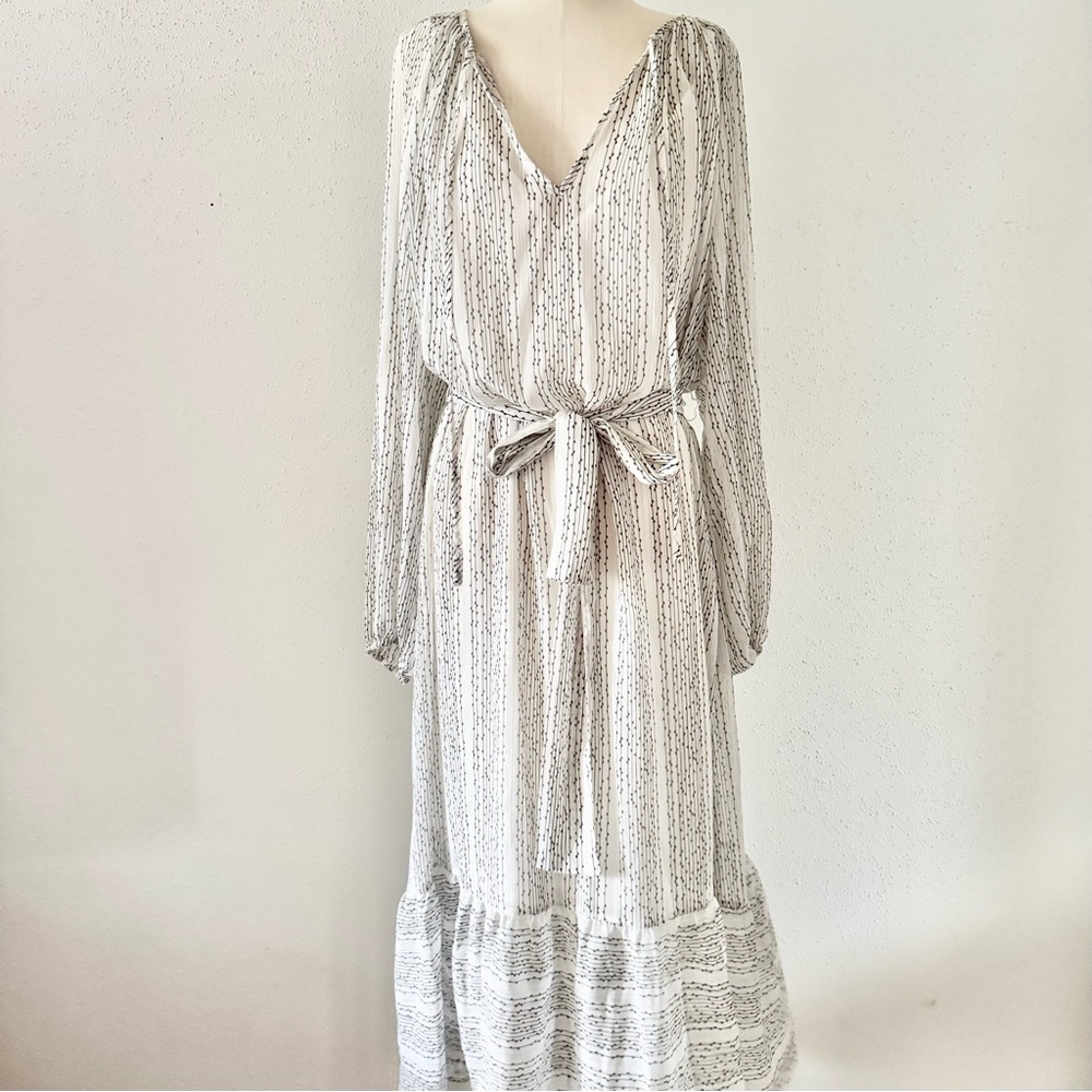 BANANA REPUBLIC Printed Belted Chiffon Midi Dress Black/White Women's Size Large